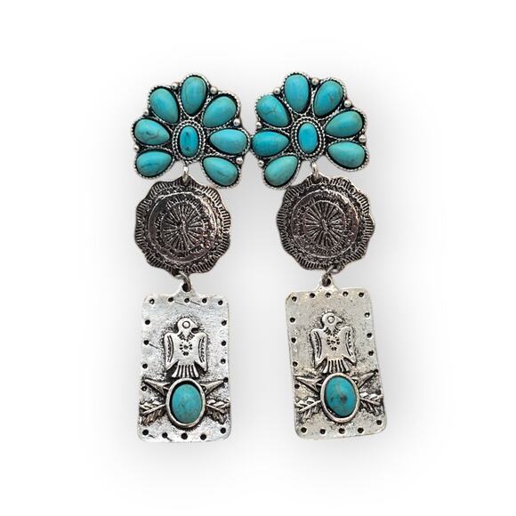 West & Co Turquoise Western Statement Earrings Silver Tone Dangle 3.5” - Picture 1 of 8
